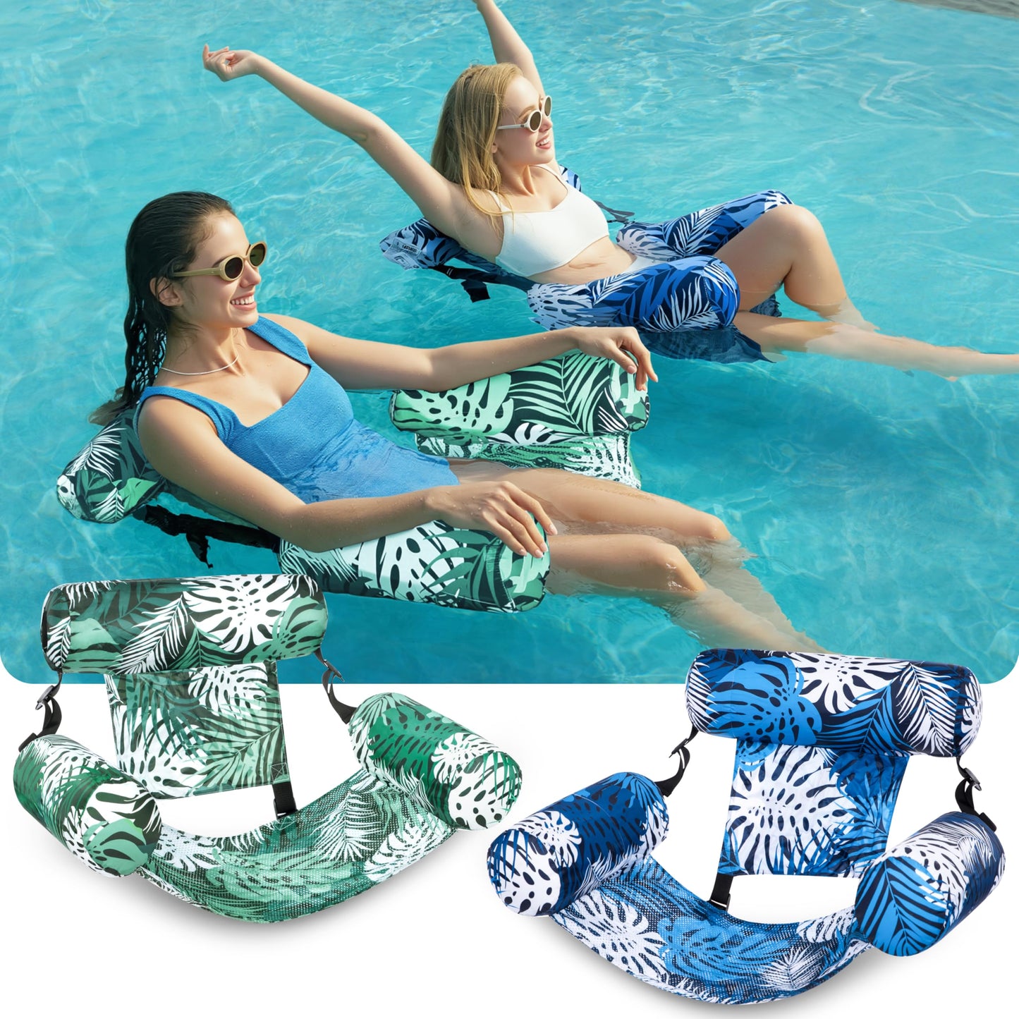 Sloosh Pool Floats Adult, 2 Packs Inflatable Pool Lounge Chairs,Blow up Hammock Pool Noodles Floats for Adults,Floating Water Chair for Pool Party Lake River Water Fun(Tropical Leaves-Green,Blue)