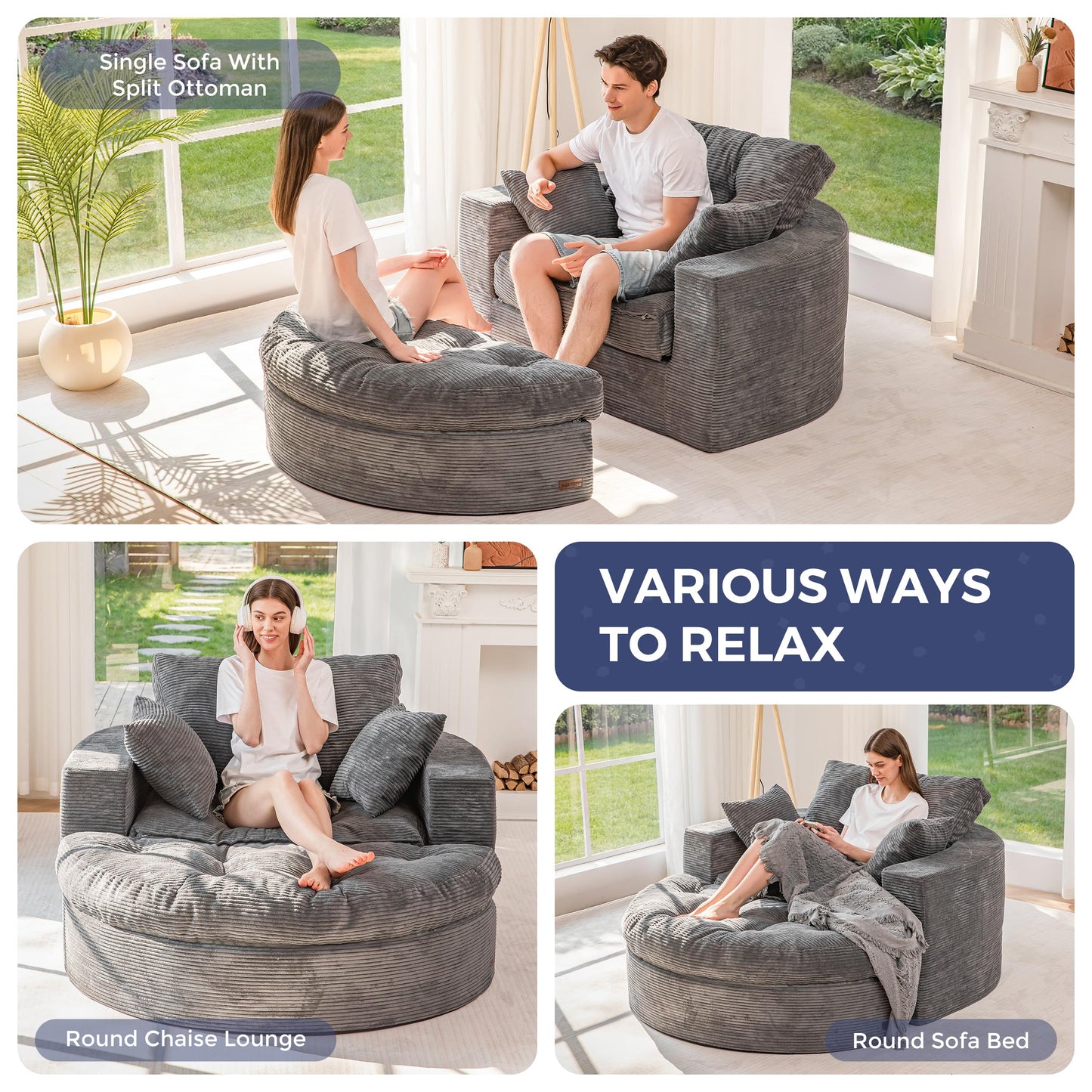MAXYOYO Oversized Round Chaise Lounge Sofa, Upholstered Lounge Chair with 3 Pillows, Boneless Sofa Couch with Ottoman, Deep Seat Chair for Living Room, Bedroom, No Assembly, Dark Grey