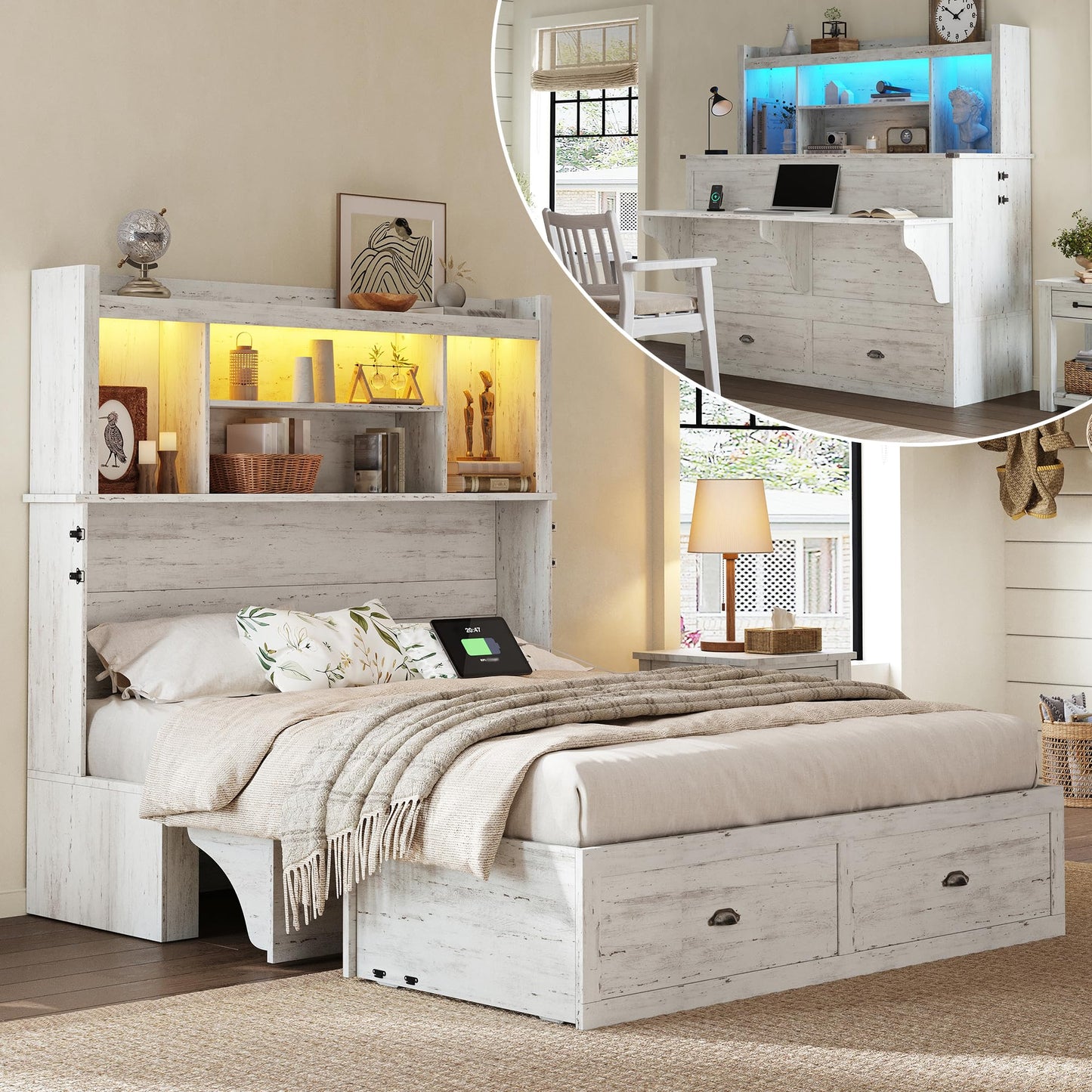 AMERLIFE Full Murphy Bed with Bookcase Headboard & LED Light, Farmhouse Cabinet Bed with Storage Drawer, Charging Station and Desk for Home Office/Guest Room/Small Spaces, White