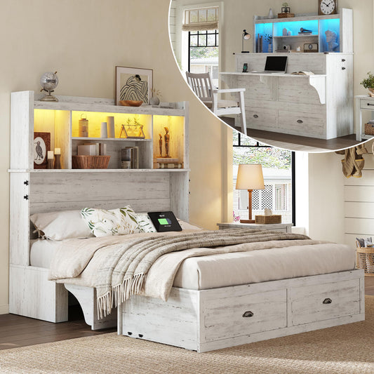 AMERLIFE Full Murphy Bed with Bookcase Headboard & LED Light, Farmhouse Cabinet Bed with Storage Drawer, Charging Station and Desk for Home Office/Guest Room/Small Spaces, White