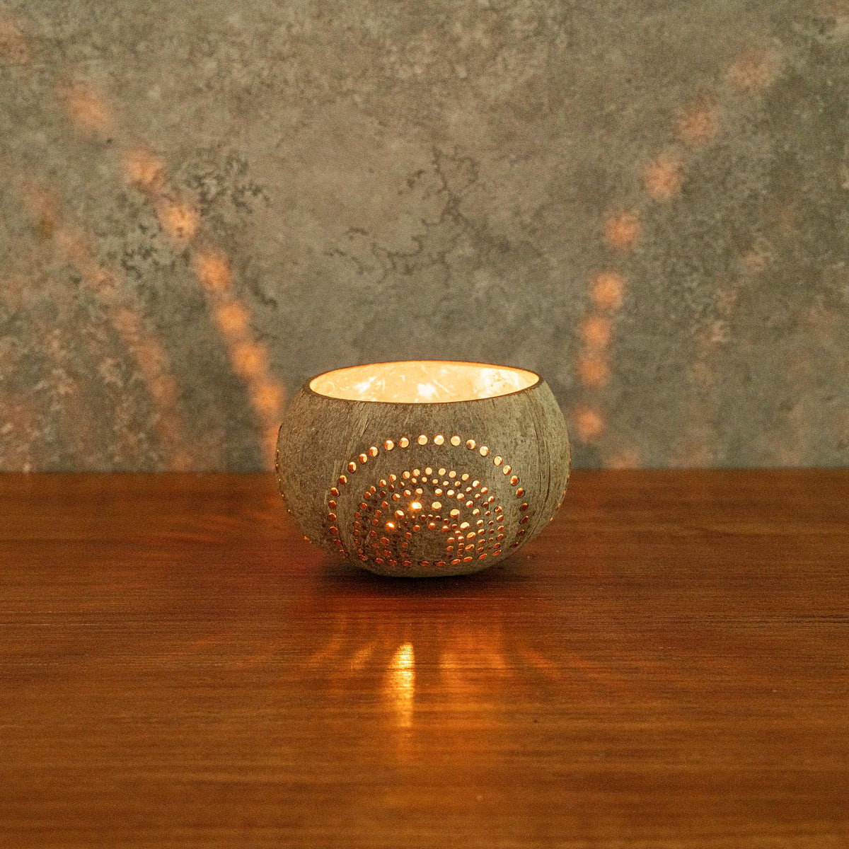 Restaurantware-Coco Casa 4 x 3.3 Inch Coconut Shell Candle Holders, 1 Reusable Tealight Holders - Candle Not Included, Rainbow Pattern, Tan Coconut Bowls For Candles, Handcrafted