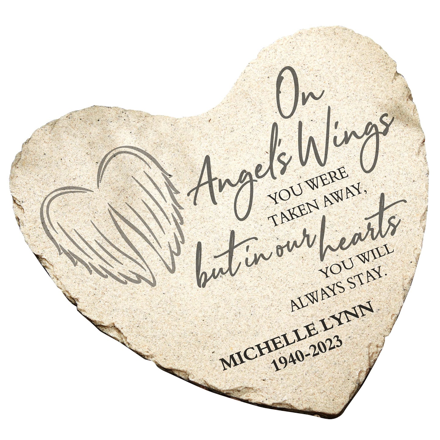 Personalization Universe On Angel's Wings Custom Memorial Heart-Shaped Garden Stone - Weather-Resistant Outdoor Decor with Personalized Text, Name & Dates, Ideal for Mother's Day & Remembrance - Large