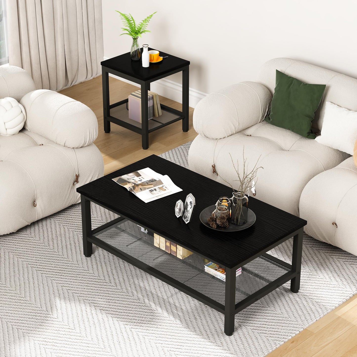furlinkhm Coffee Table Set of 3, Industrial Coffee Table with 2 Square End Side Tables, Modern Living Room Table Set, with Metal Frame, for Apartment Home Office, Black