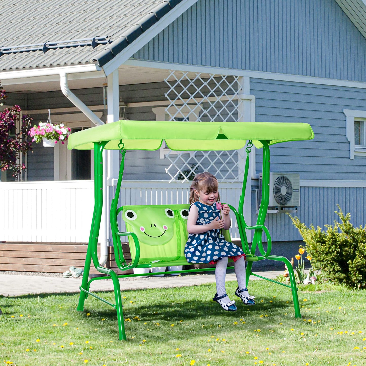 Outsunny Kids Patio Swing, 2-Seater Outdoor Swing Chair with Adjustable Canopy and Safety Belt, Frog Pattern Hanging Swing Bench for Garden or Backyard, Green
