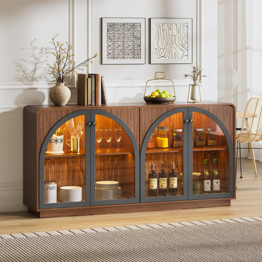 beronbaer Sideboard Buffet Cabinet with Storage, 68" Walnut Credenza Accent Cabinet Buffet Table w/4 Arched Glass Doors & LED Light, Modern Coffee Bar Liquor Cabinet w/2 Shelves for Kitchen Entryway