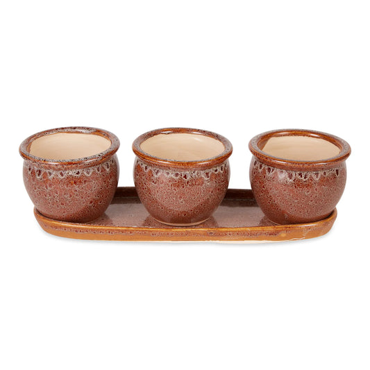 BROWN ROUND CERAMIC SMALL PLANTER SET OF 3