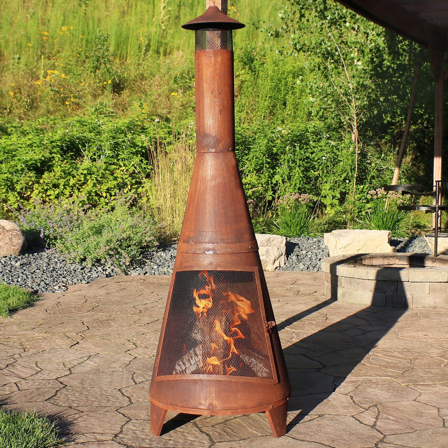 Sunnydaze 70" Metal Chiminea Outdoor Fireplace - Wood Burning Outdoor Chimney Fireplace for Backyard - Large Steel Patio Fire Pit - Rustic