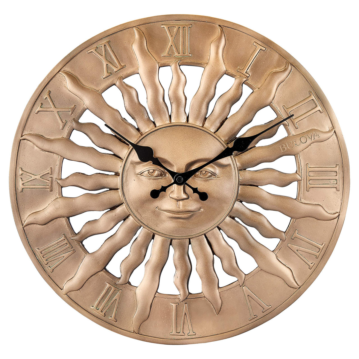 Bulova Sunrise Wall Clock C4860 | 14.3" 3D Sunburst Resin Design with Roman Numerals | Silent Quartz Movement | Battery Operated | Indoor/Outdoor Décor