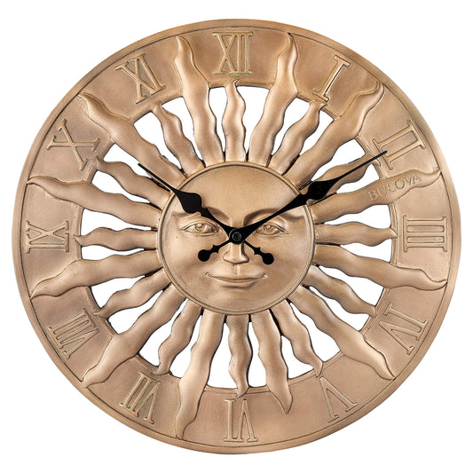 Bulova Sunrise Wall Clock C4860 | 14.3" 3D Sunburst Resin Design with Roman Numerals | Silent Quartz Movement | Battery Operated | Indoor/Outdoor Décor