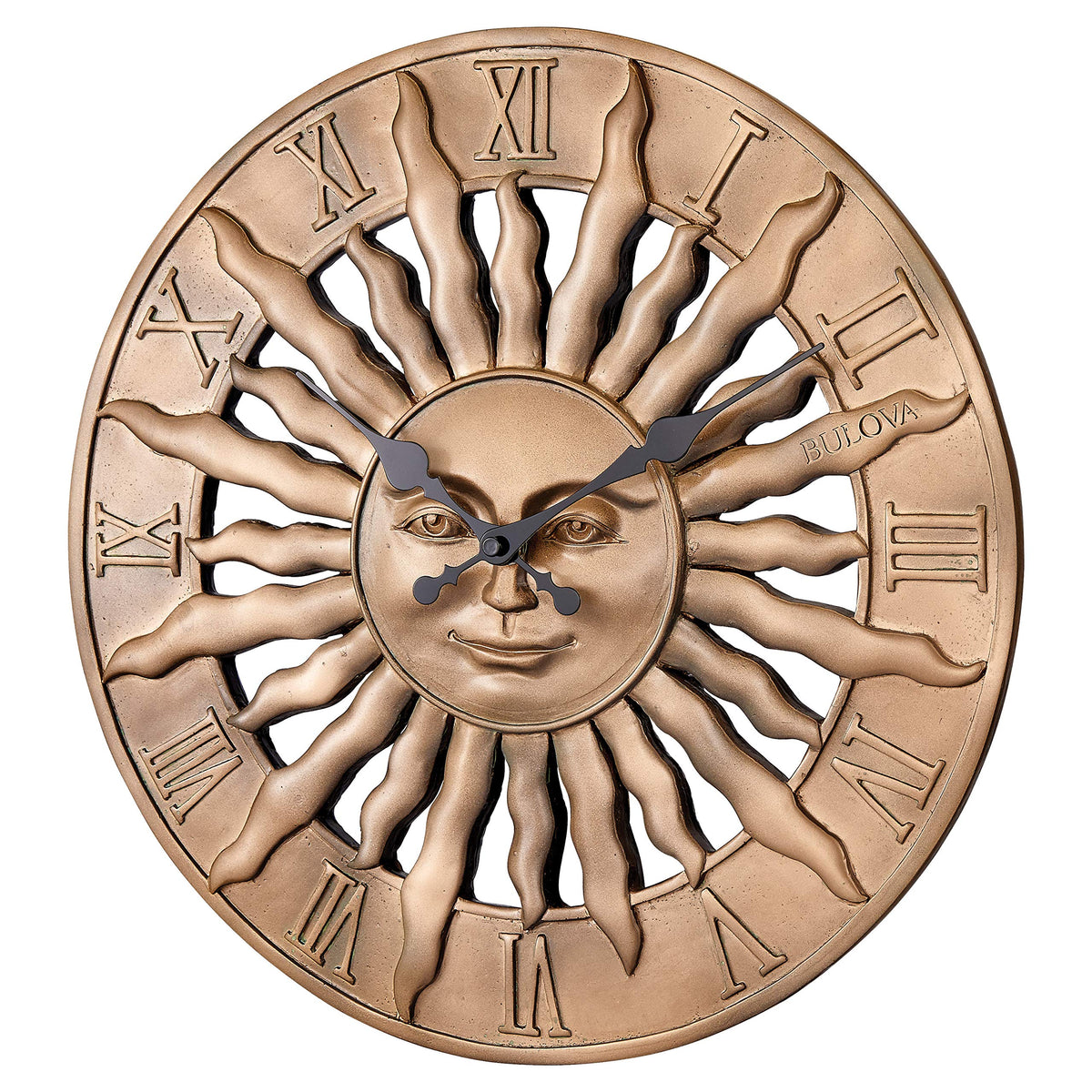 Bulova Sunrise Wall Clock C4860 | 14.3" 3D Sunburst Resin Design with Roman Numerals | Silent Quartz Movement | Battery Operated | Indoor/Outdoor Décor
