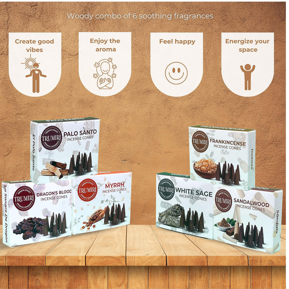 Trumiri Woody Incense Cones - Variety Pack - Total 60 Cone Incense (6 Scents x 10 Conos) - White Sage, Palo Santo, Dragons Blood, Sandalwood - Inscents-Cones Scented - Insense Cones - Incent Cone
