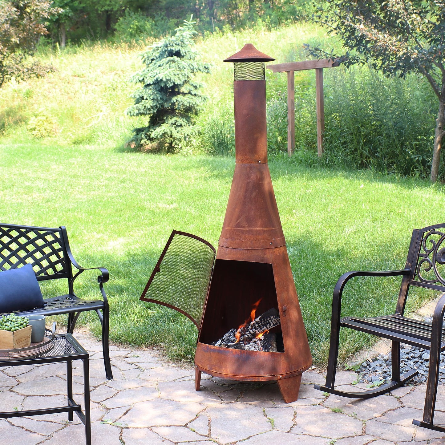 Sunnydaze 70" Metal Chiminea Outdoor Fireplace - Wood Burning Outdoor Chimney Fireplace for Backyard - Large Steel Patio Fire Pit - Rustic