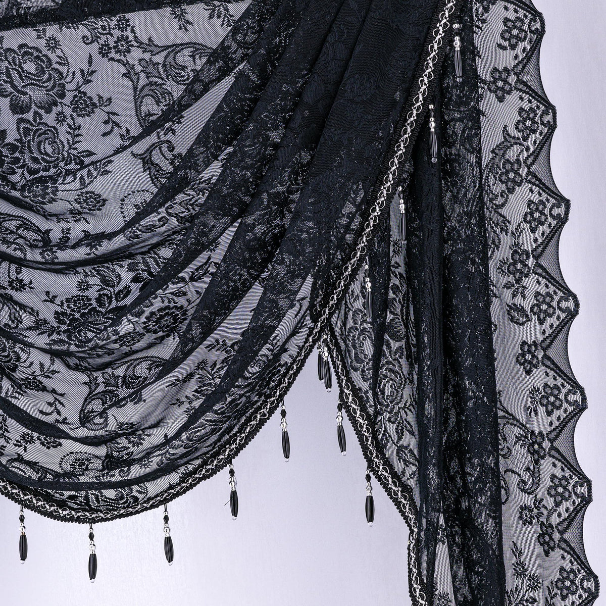 Huierxun Black Sheer Lace Waterfall Window Valance with Bead Tassels Floral Embroidered Valance Curtains Semi Sheer Rod Pocket Valance/Swags for Bedroom/Living Room/Kitchen/Basement(Black,39"x41")