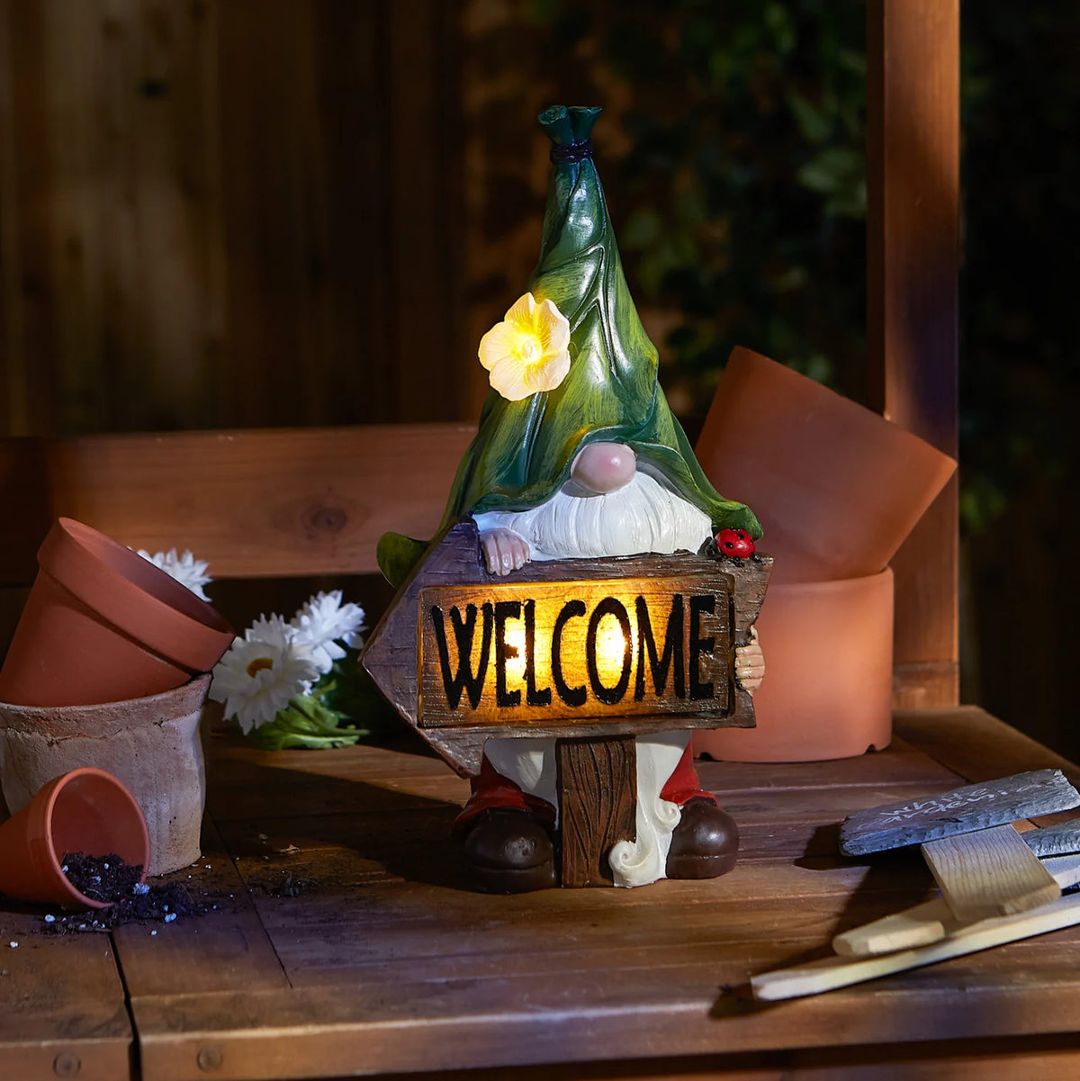 Gnome With Glowing Welcome Sign Solar Statue