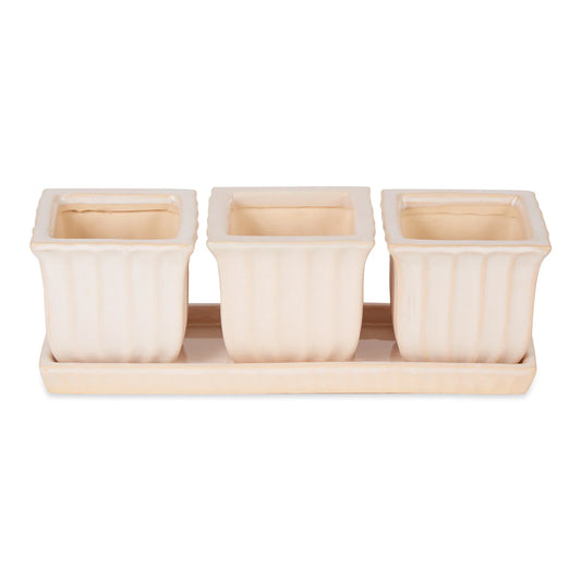 WHITE SQUARE CERAMIC SMALL PLANTER SET OF 3