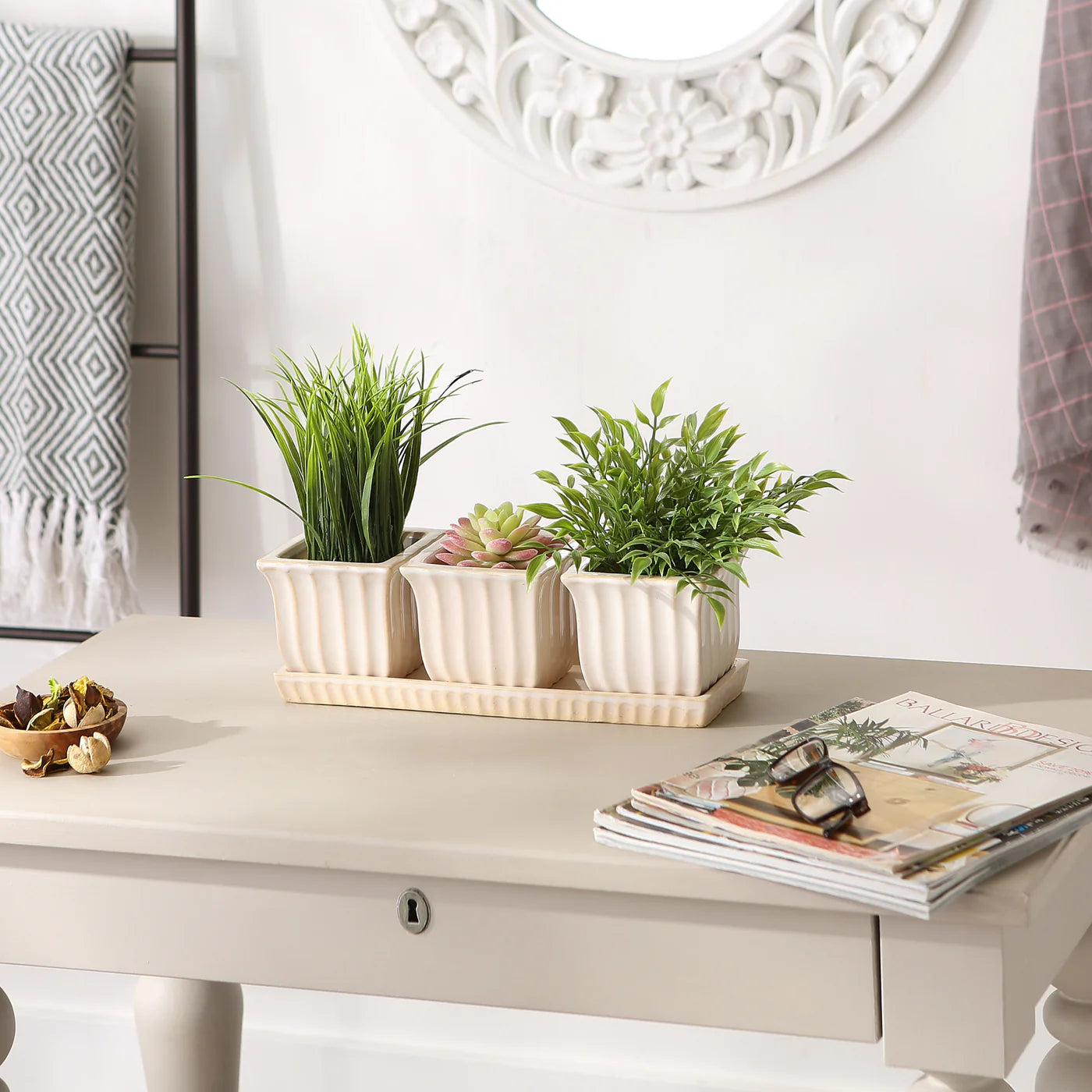 WHITE SQUARE CERAMIC SMALL PLANTER SET OF 3